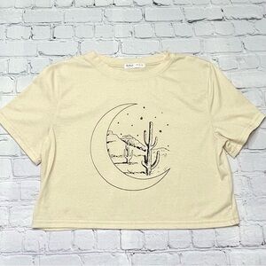 ROMWE Desert Night Moon & Cactus Crop Top - Beige/Tan /egg yellow- Size S
